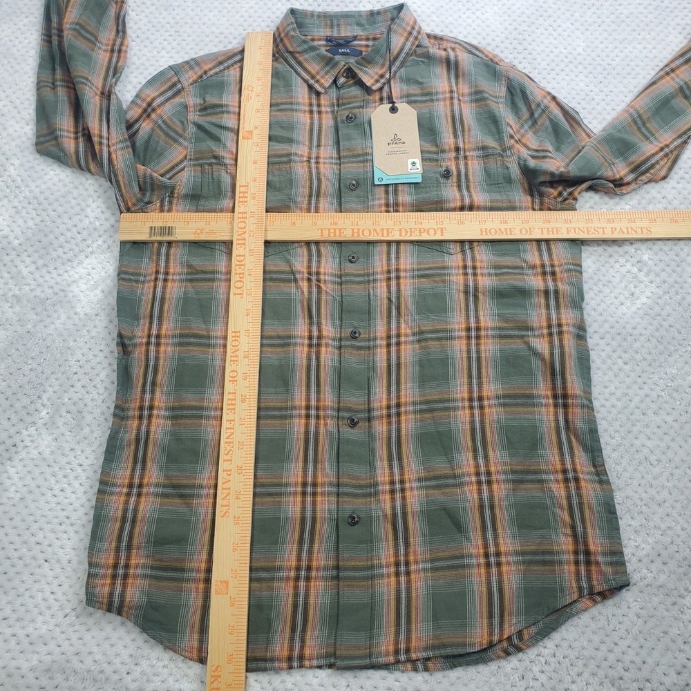 Prana Dolberg Flannel Shirt Mens Small Tall Kale Green Plaid Organic Cotton New - Picture 10 of 11